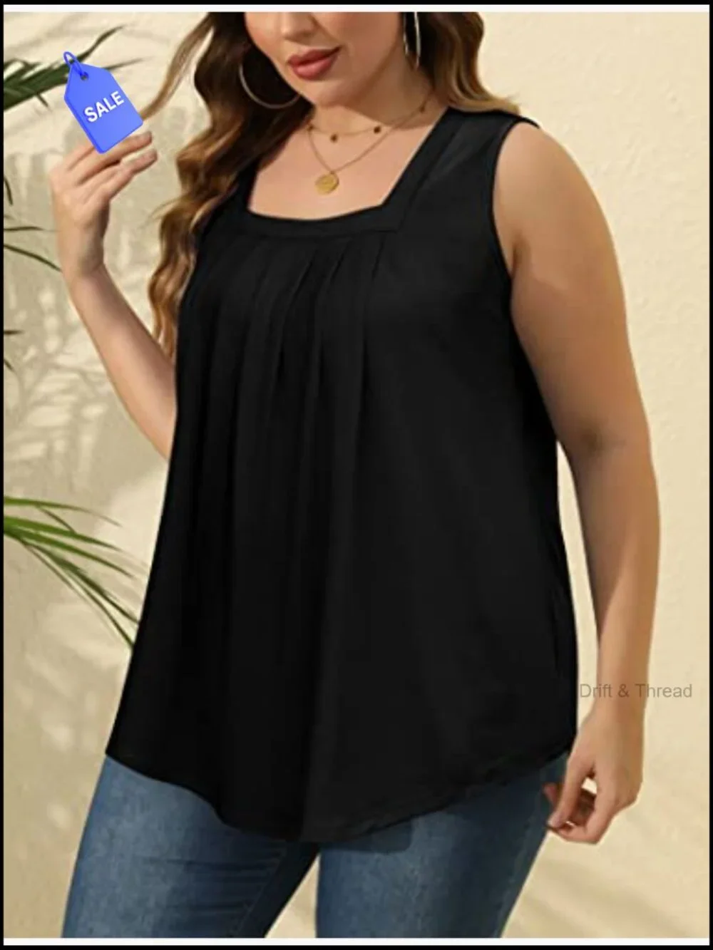 Women's Loose Fit Square Neck Tank Top Pleated Curved Hem Summer